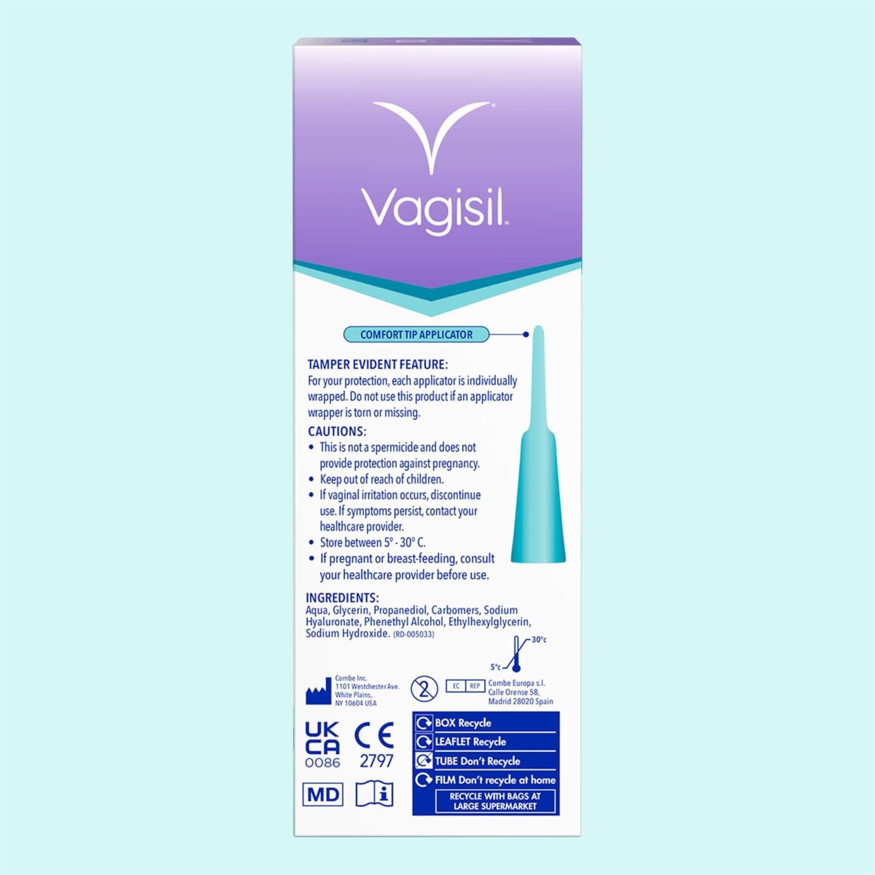 Vagisil ProHydrate Internal Gel ingredients list and usage cautions for individually wrapped comfort tip applicators