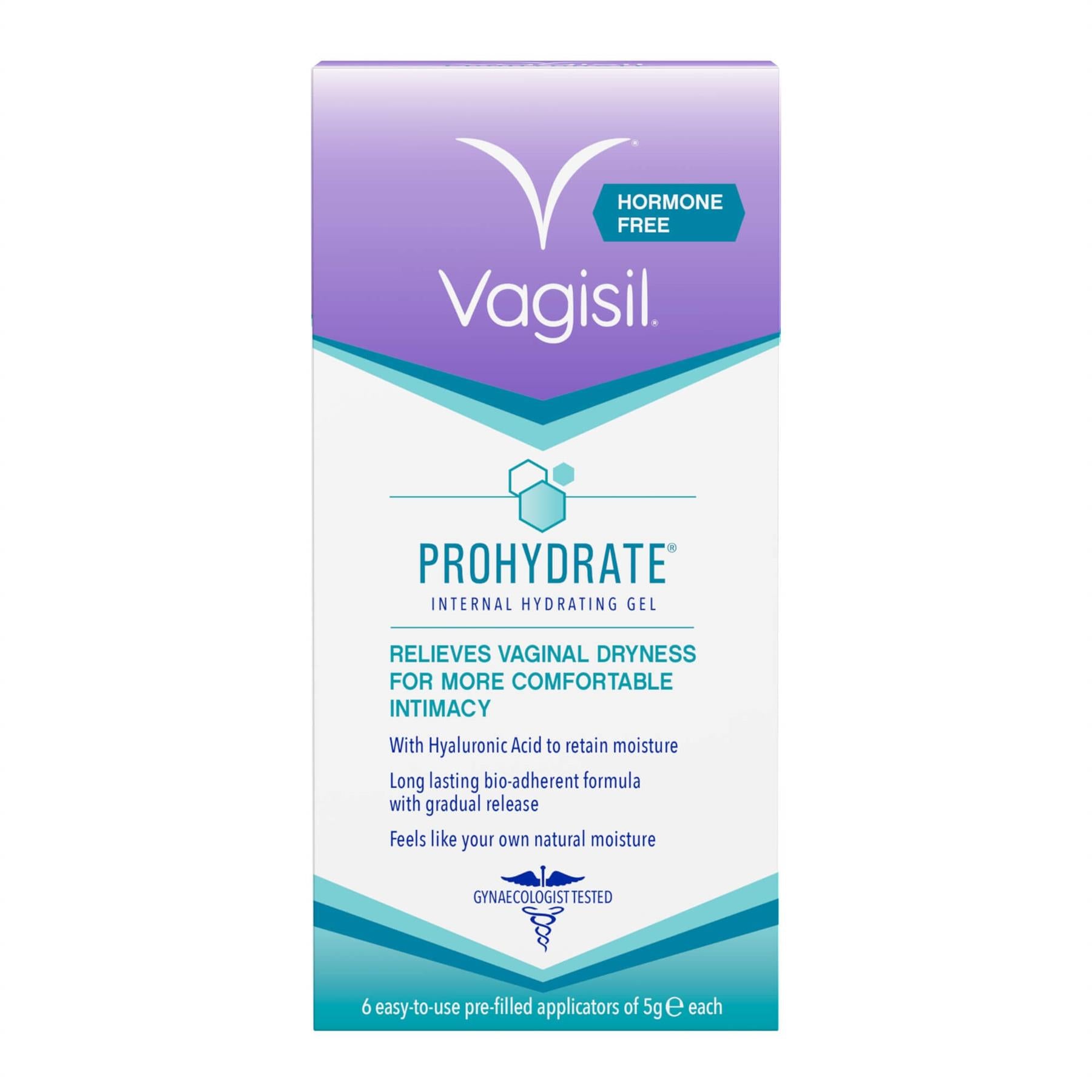 Vagisil ProHydrate Internal Hydrating Gel pack with 6 pre-filled applicators featuring Hyaluronic Acid for vaginal dryness relief