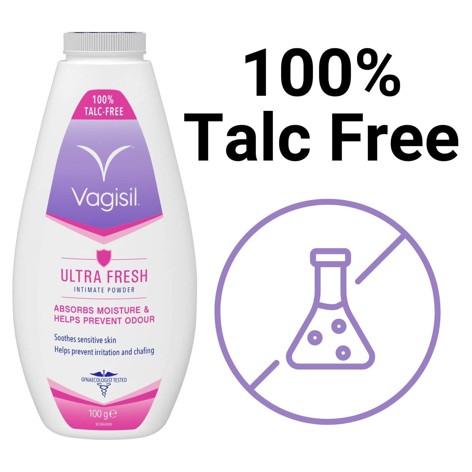 Vagisil Ultra Fresh Intimate Powder graphic confirming the 100 percent talc-free formula for safe moisture absorption