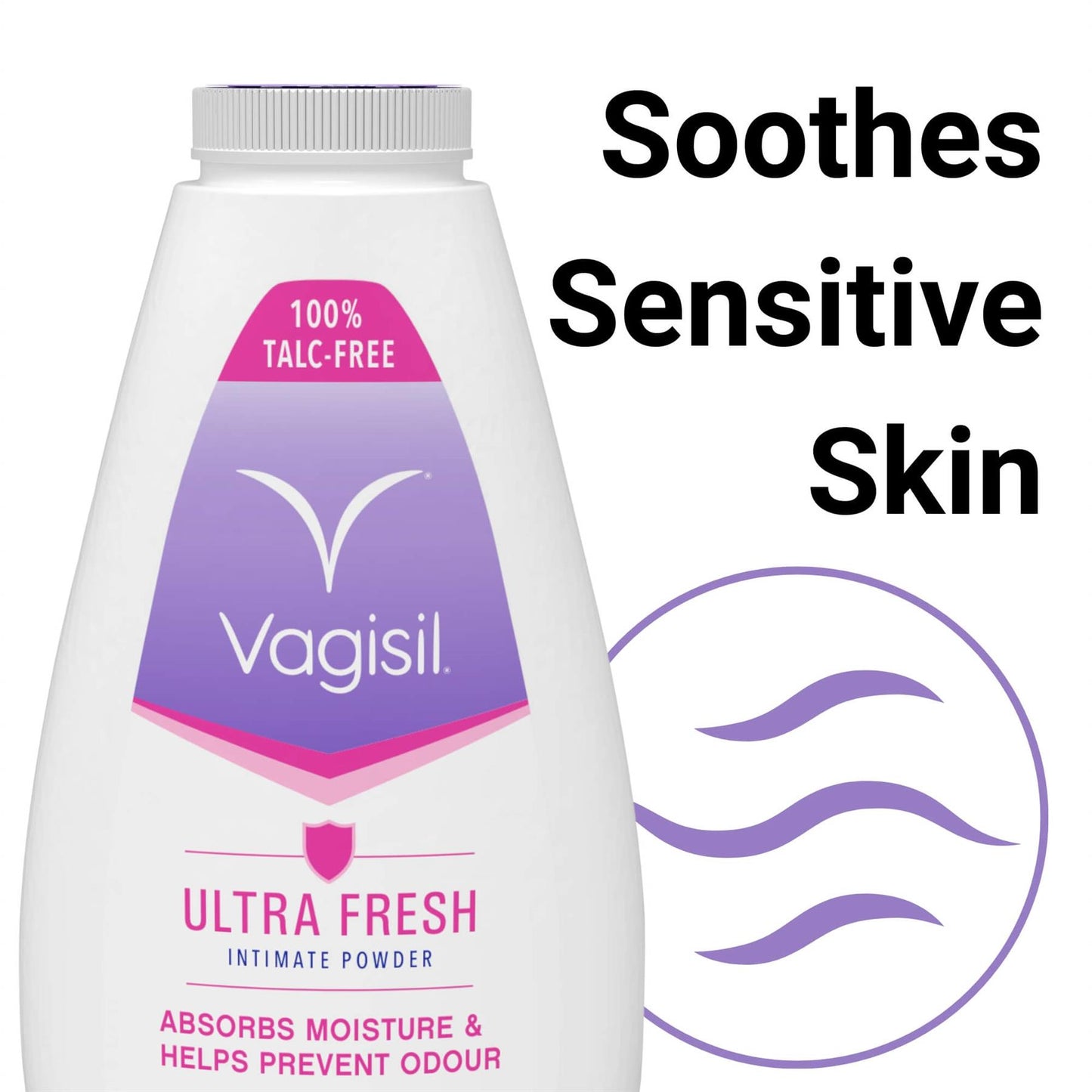 Vagisil Ultra Fresh Intimate Powder graphic highlighting that the 100 percent talc-free formula soothes sensitive ski
