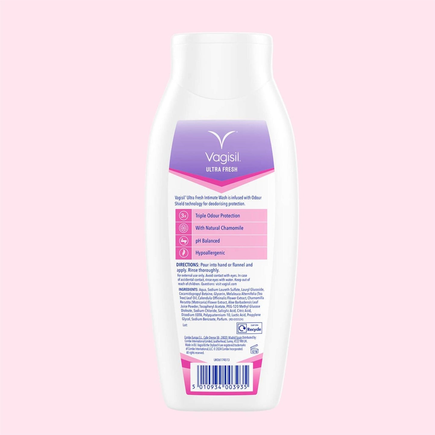 Rear view of Vagisil Ultra Fresh Daily Intimate Wash bottle showing pH balanced and hypoallergenic formula with Natural Chamomile