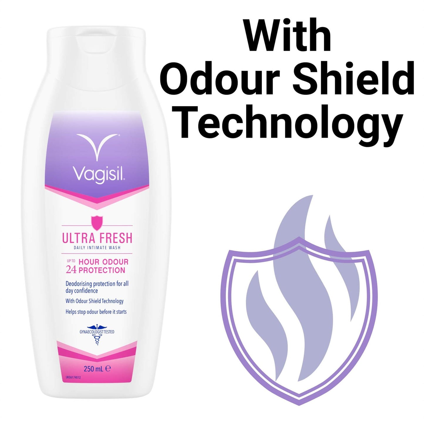 Vagisil Ultra Fresh Daily Intimate Wash graphic featuring Odour Shield Technology for long-lasting deodorising protection