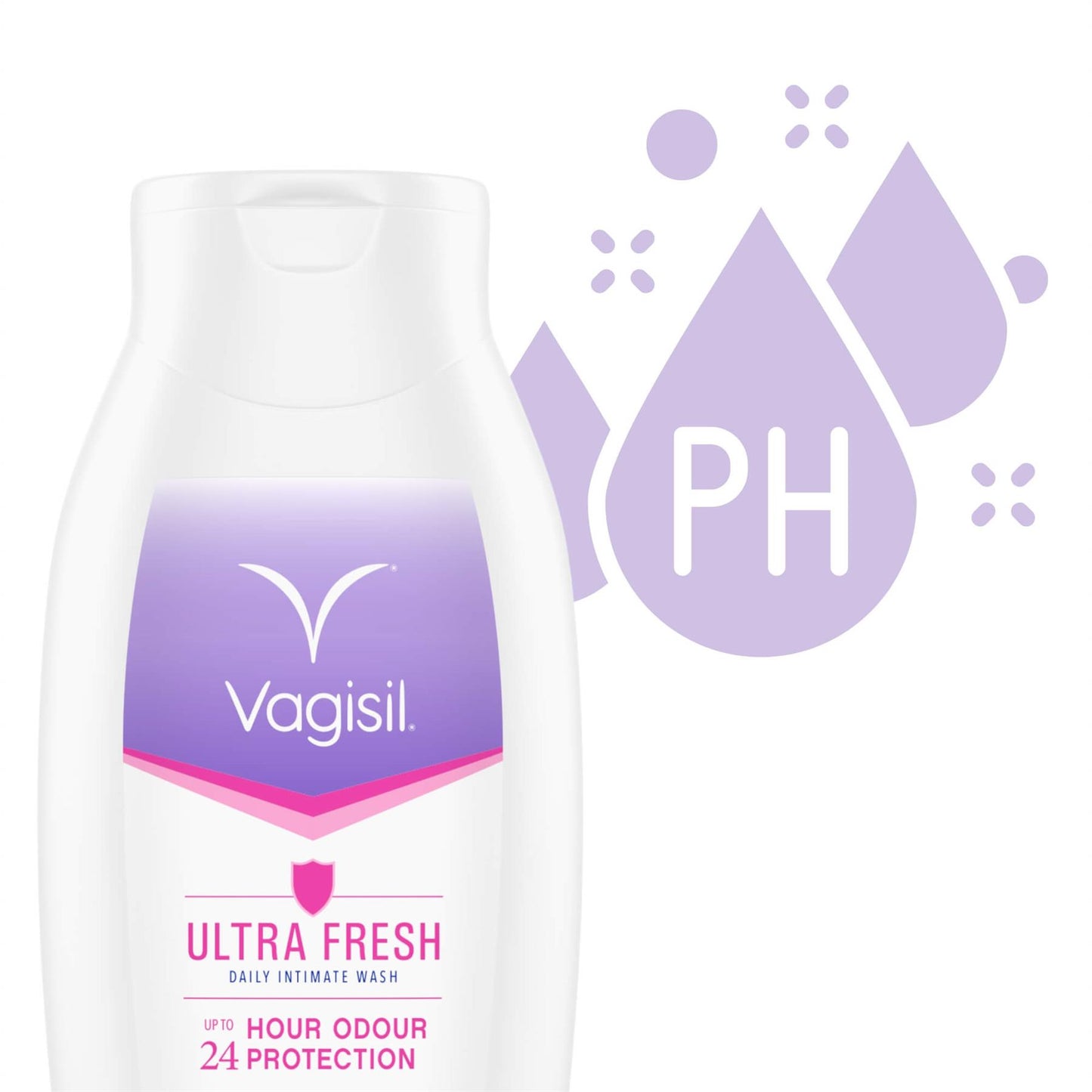 Vagisil Ultra Fresh Daily Intimate Wash graphic highlighting the pH balanced formula for safe 24 hour odour protection